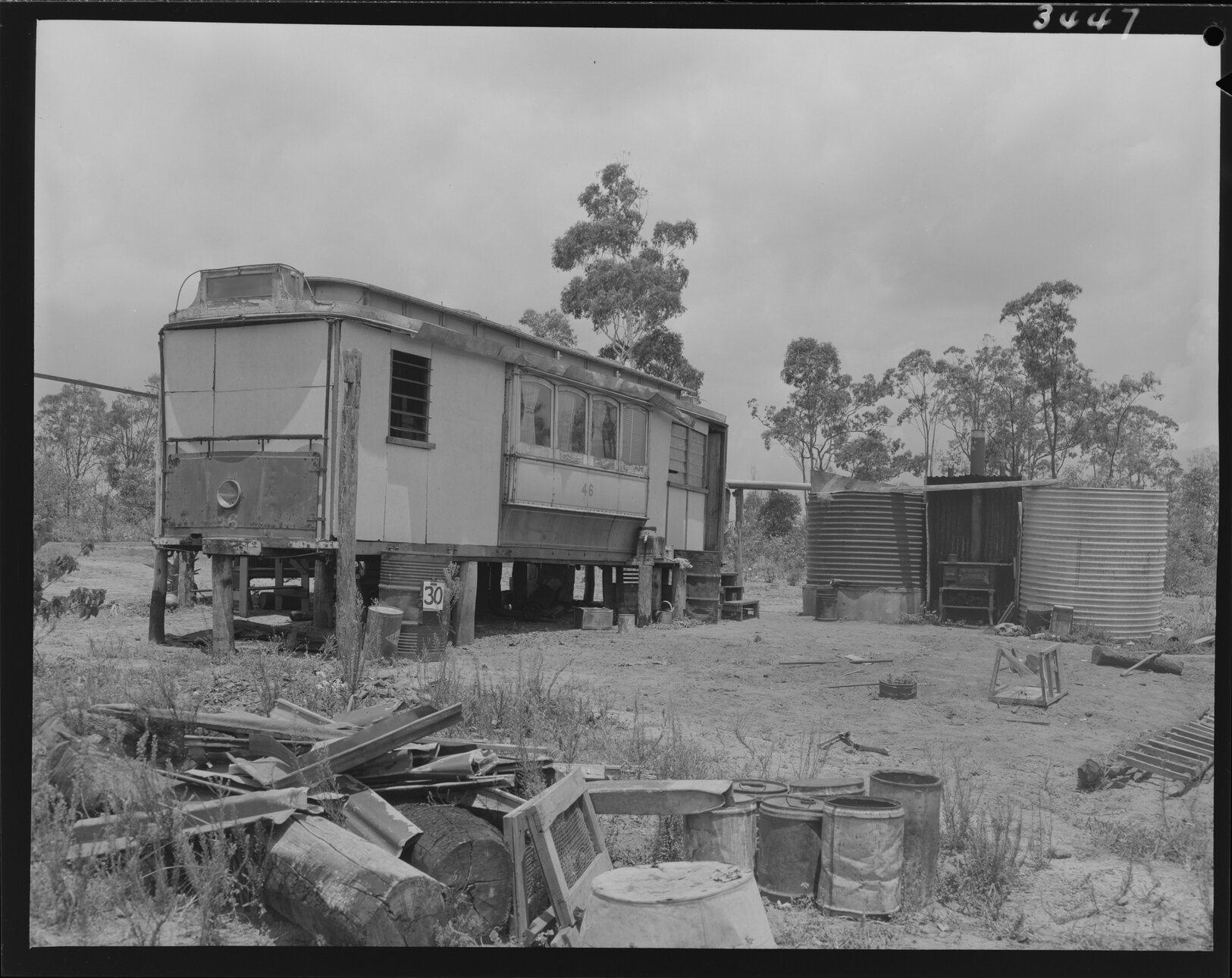 Temporary house at 30 Tile Street, constructed from No. 46 tram carriage, Wacol - 1953