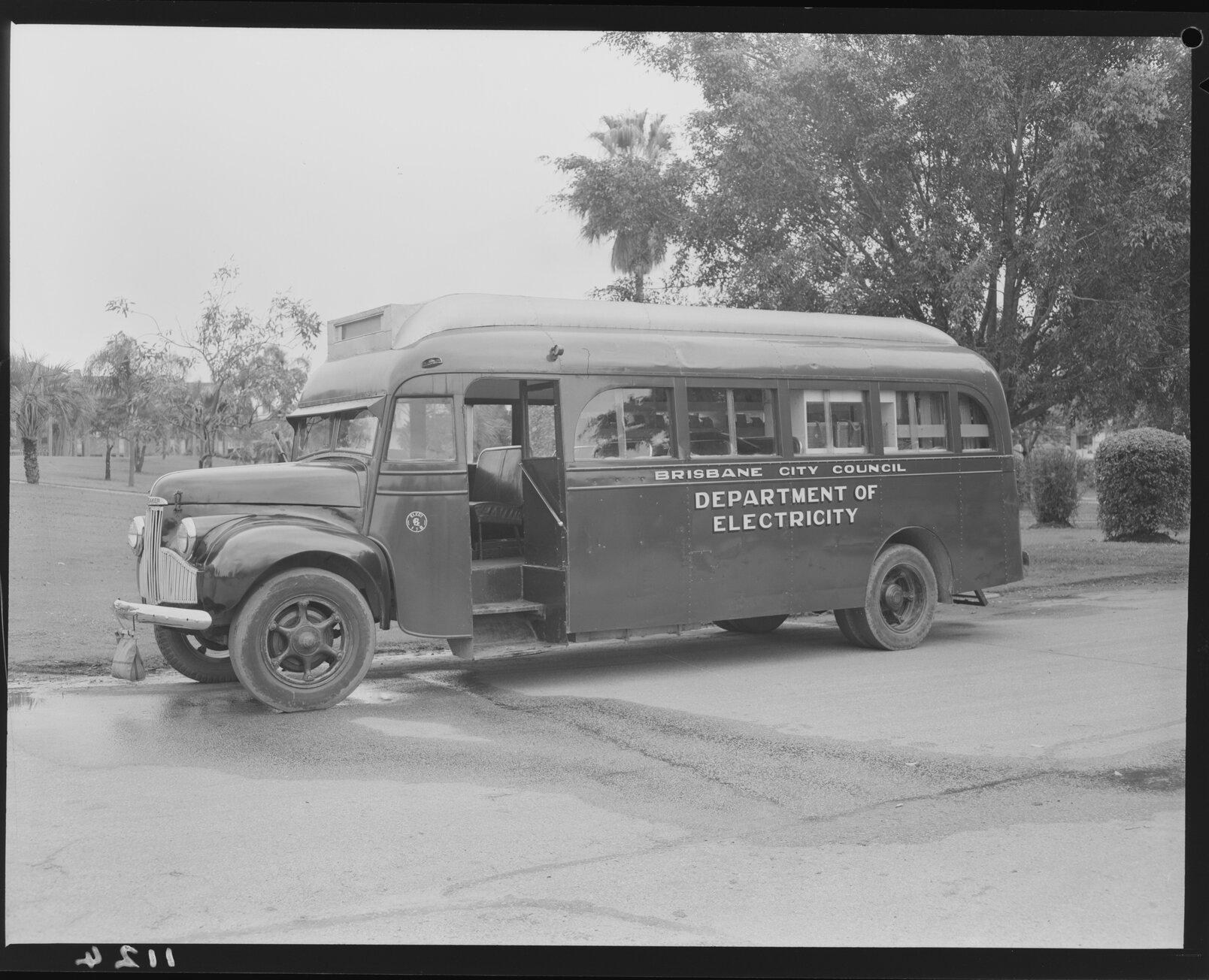 Brisbane City Council bus for Department of Electricity, New Farm Park - 1950