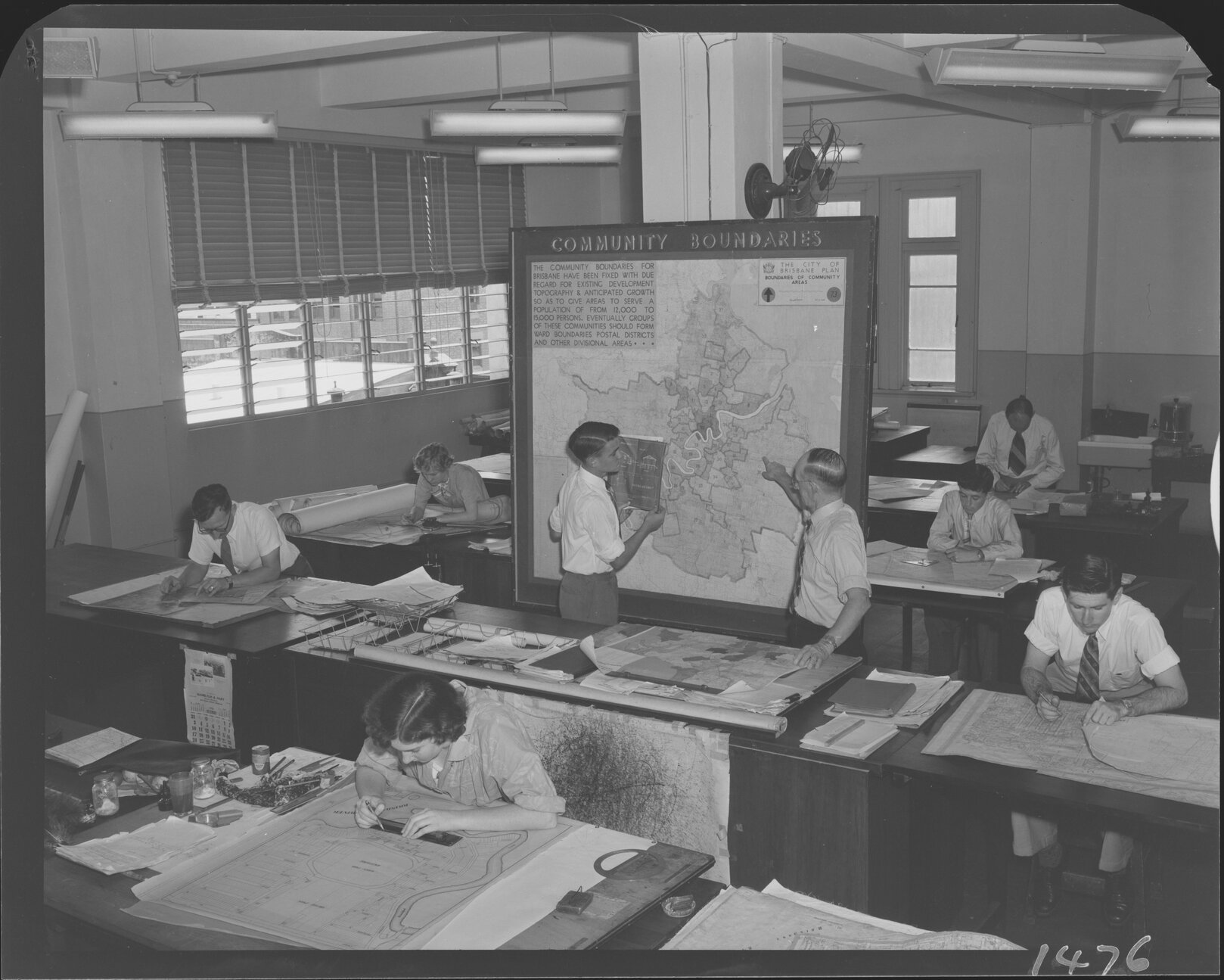 Women and men working in Brisbane City Council Planning Office - 1950