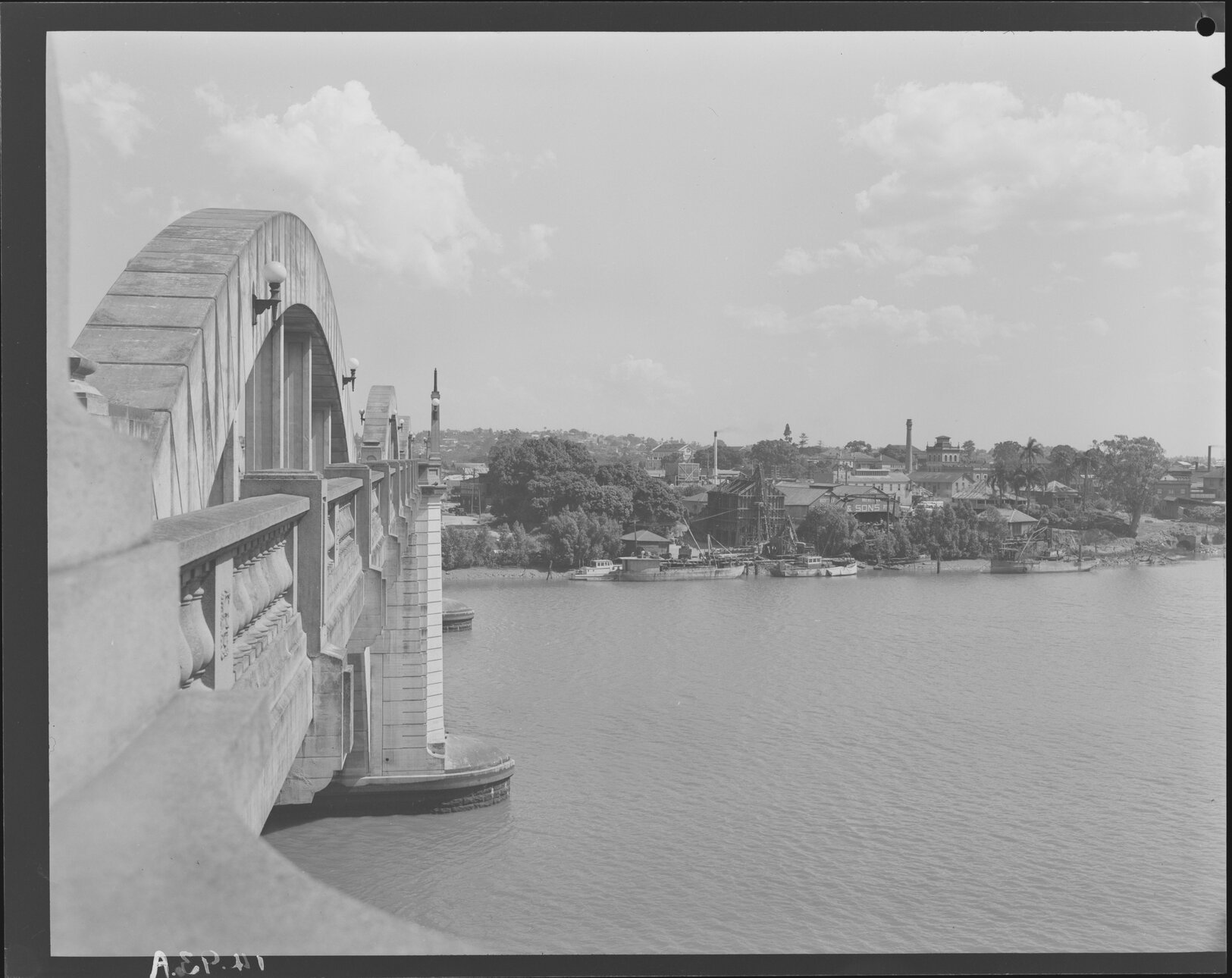 View of Brisbane River and Southbank from north end of William Jolly Bridge - 1951