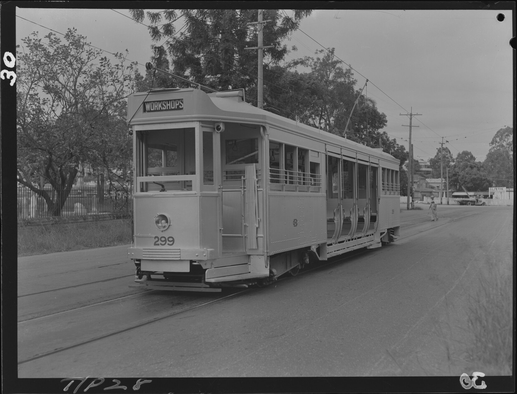 Open-sided Tram No. 299 on Milton Road outside Toowong Cemetery