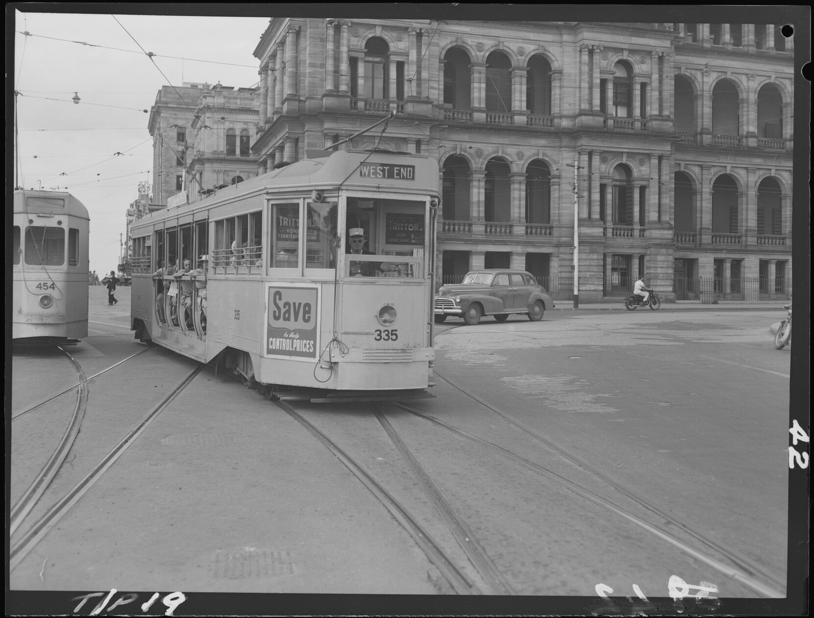 Tram No. 335 at North Quay, Brisbane City - 1949