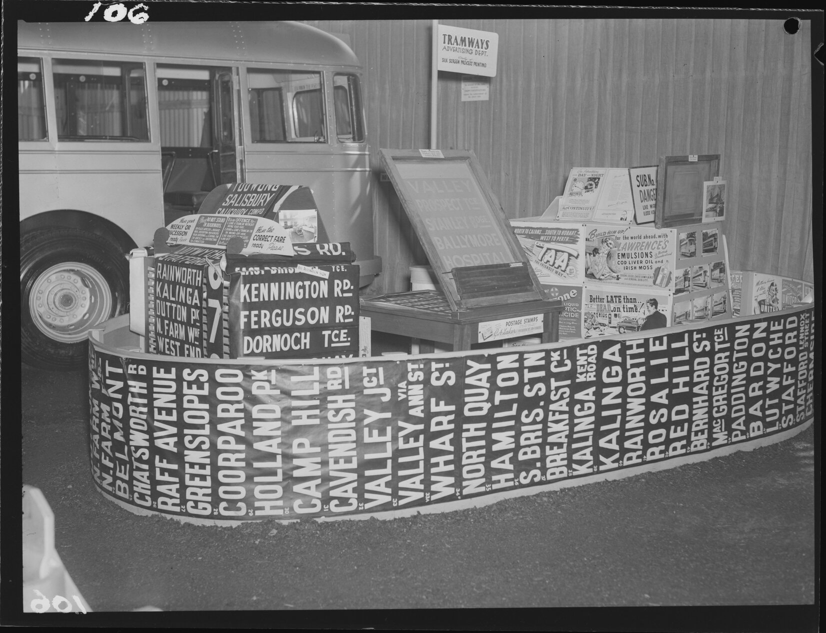 Department of Transport display with advertising for the tramways - Queensland Industries Fair RNA Showgrounds, Bowen Hills - 1949
