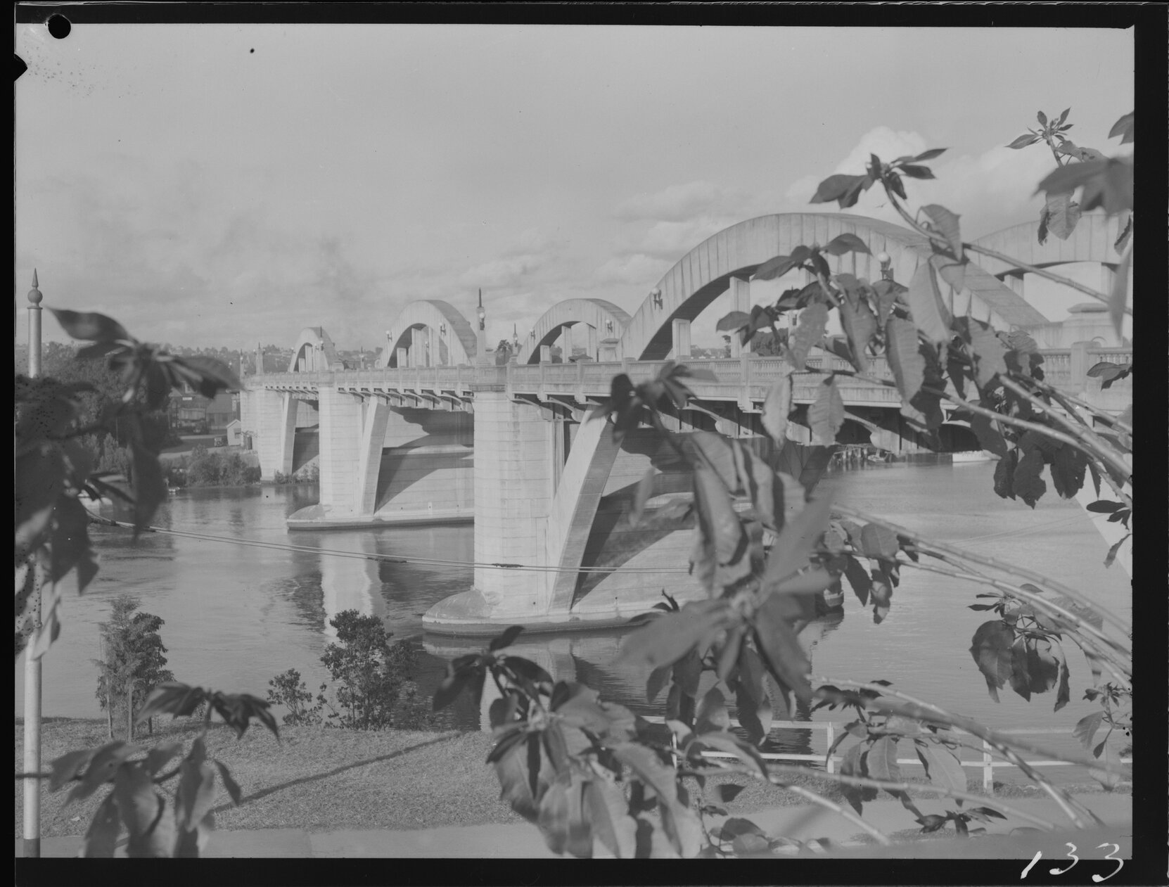 William Jolly Bridge viewed from North Quay through foliage