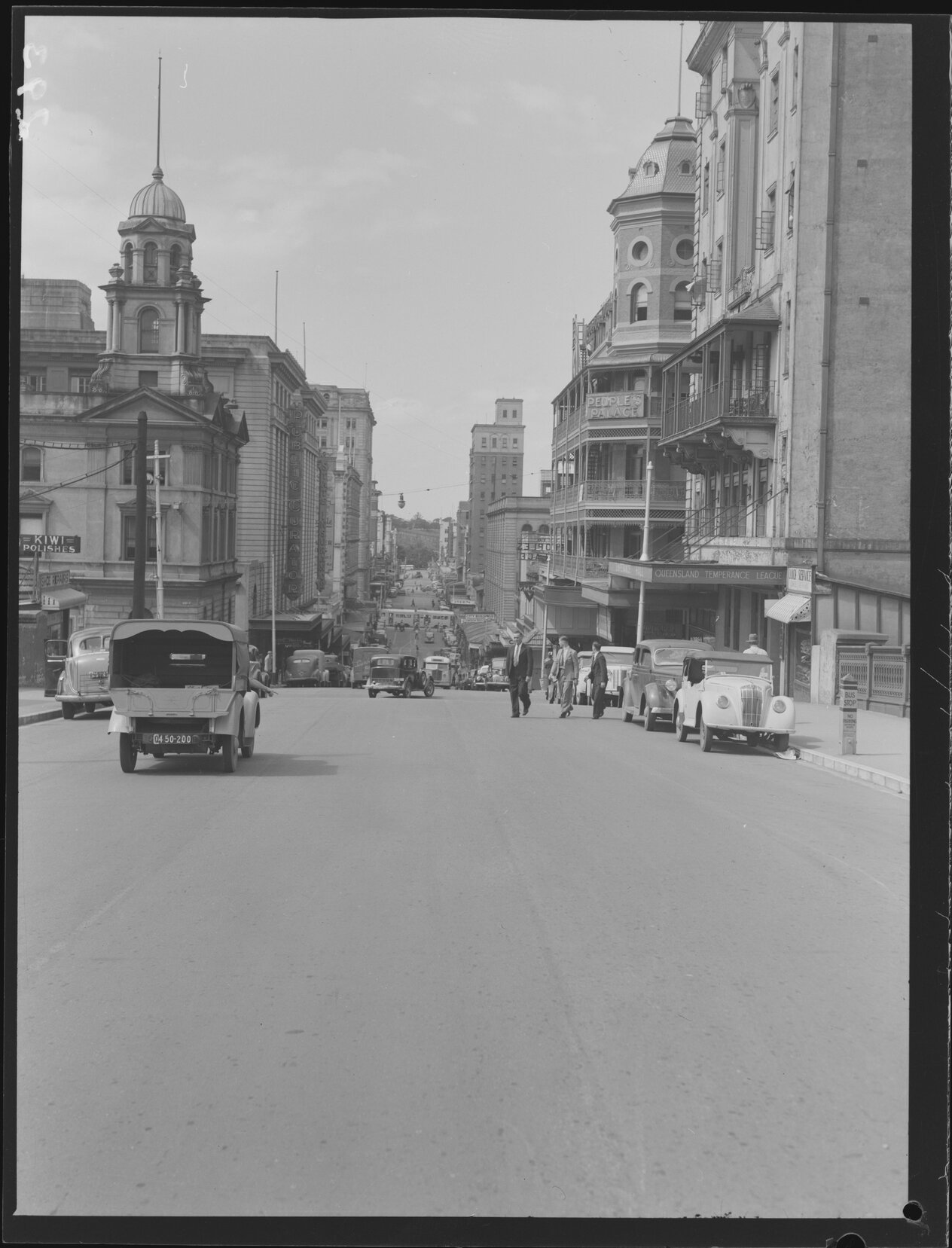 Edward Street looking south from Central Railway Station with People's Palace and Queensland Temperance League offices, Brisbane City - 1949