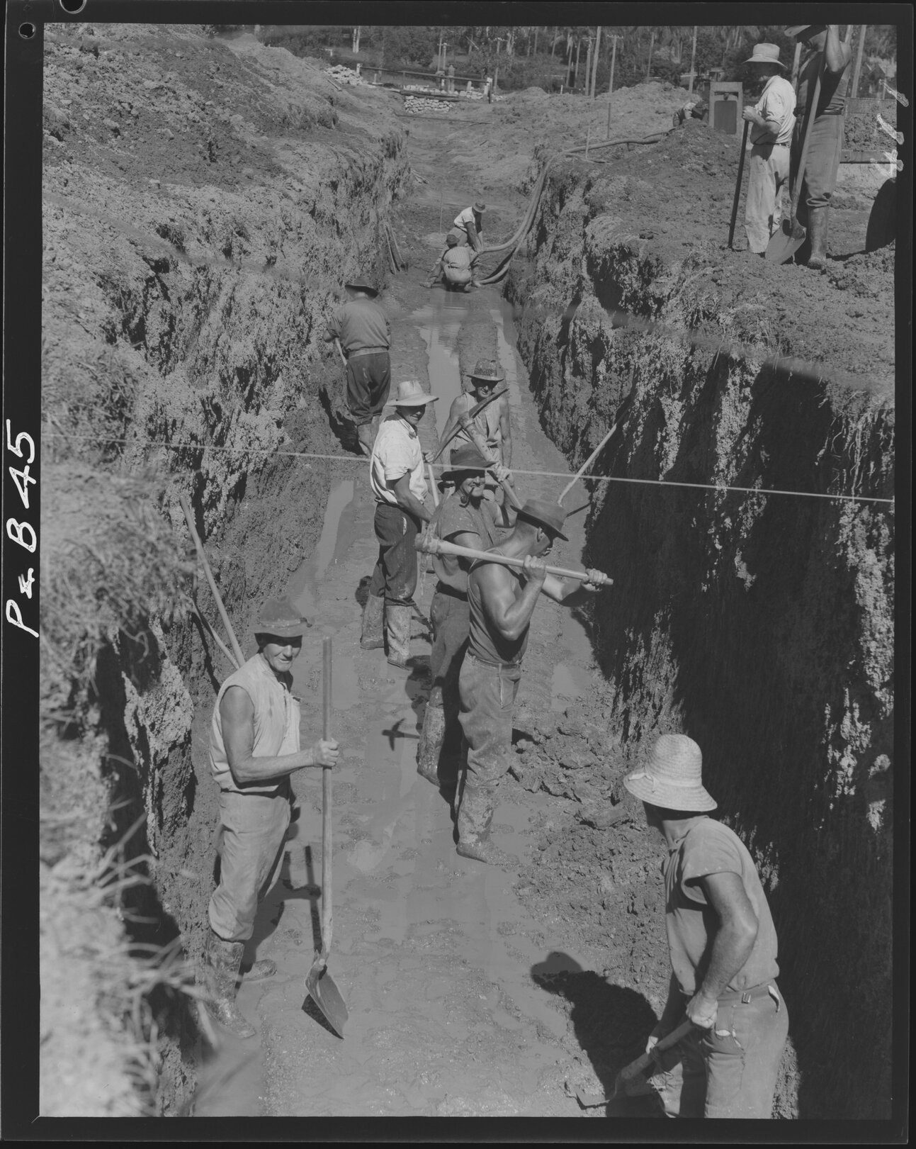 Workers excavating sewerage line with picks and shovels - 1949
