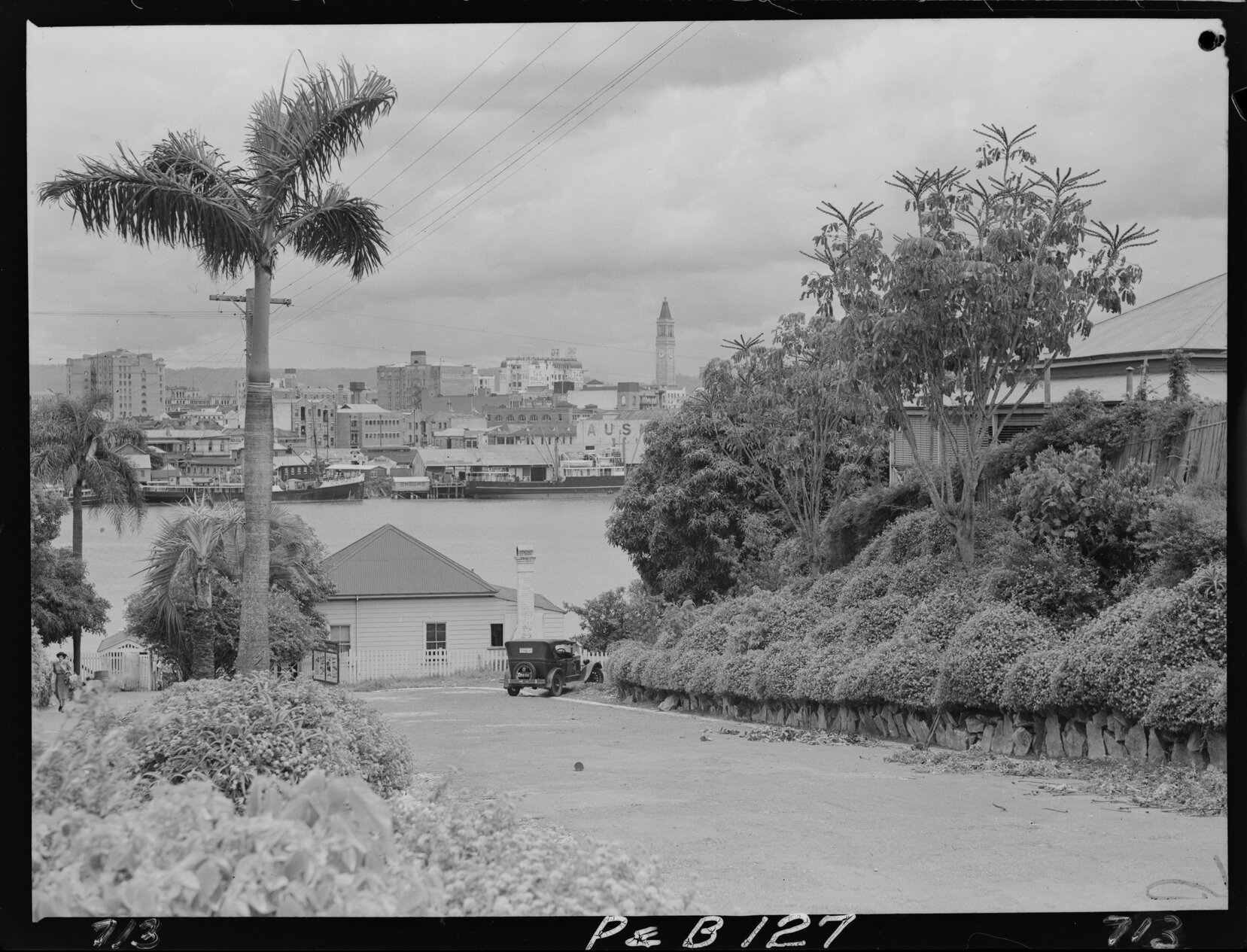 View of city from Kangaroo Point, possibly Thornton Street, with ferry stop  - 1948
