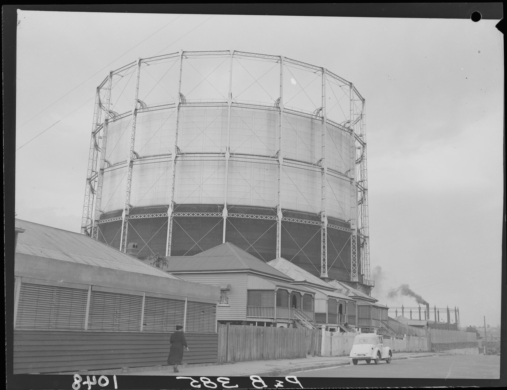 Doggett Street from Commercial Road towards Longland Street. Newstead Gasworks in the background, Newstead - 1950