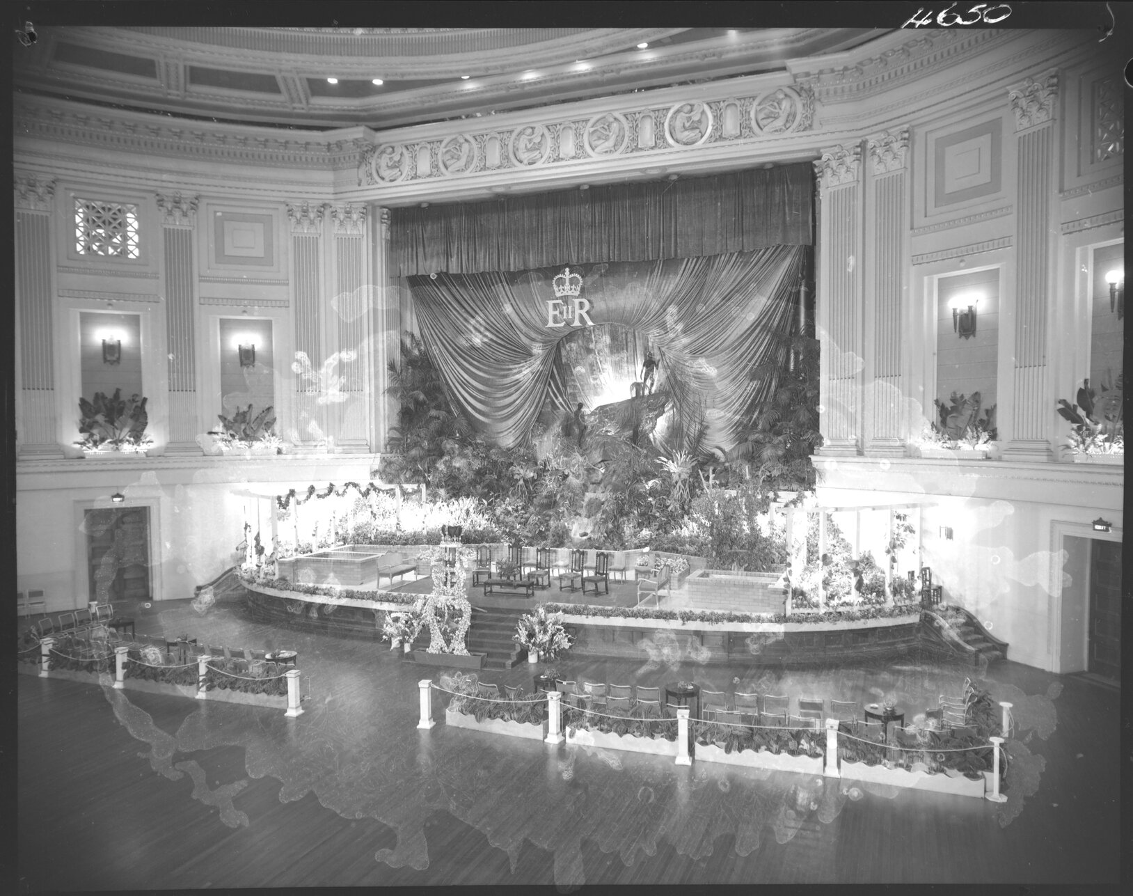 Brisbane City Hall stage,  decorated for royal visit - 1954
