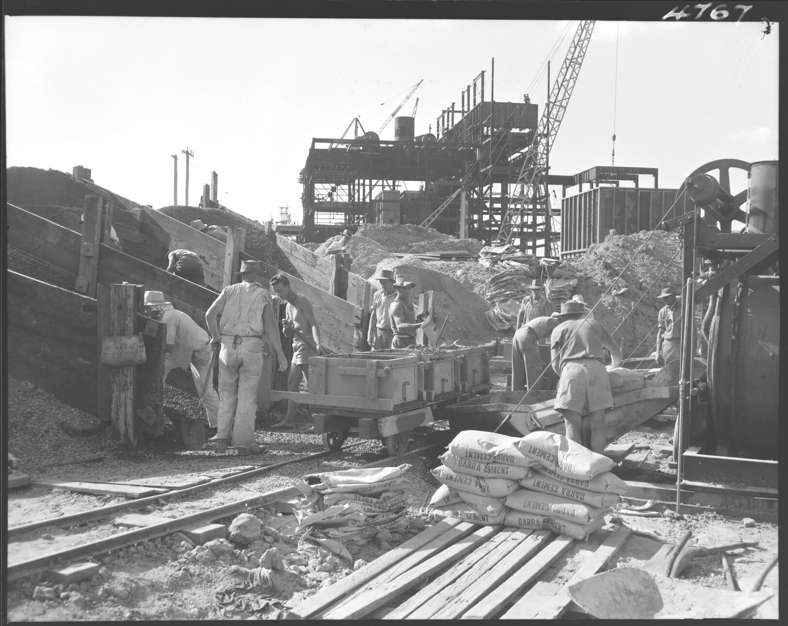 Workers pouring concrete at Tennyson Powerhouse - 1954