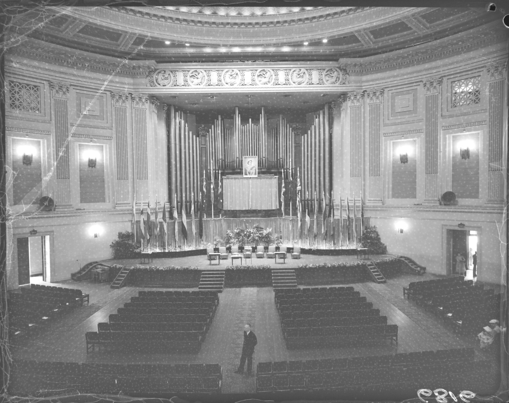 City Hall stage setup for citizenship ceremony - 1956