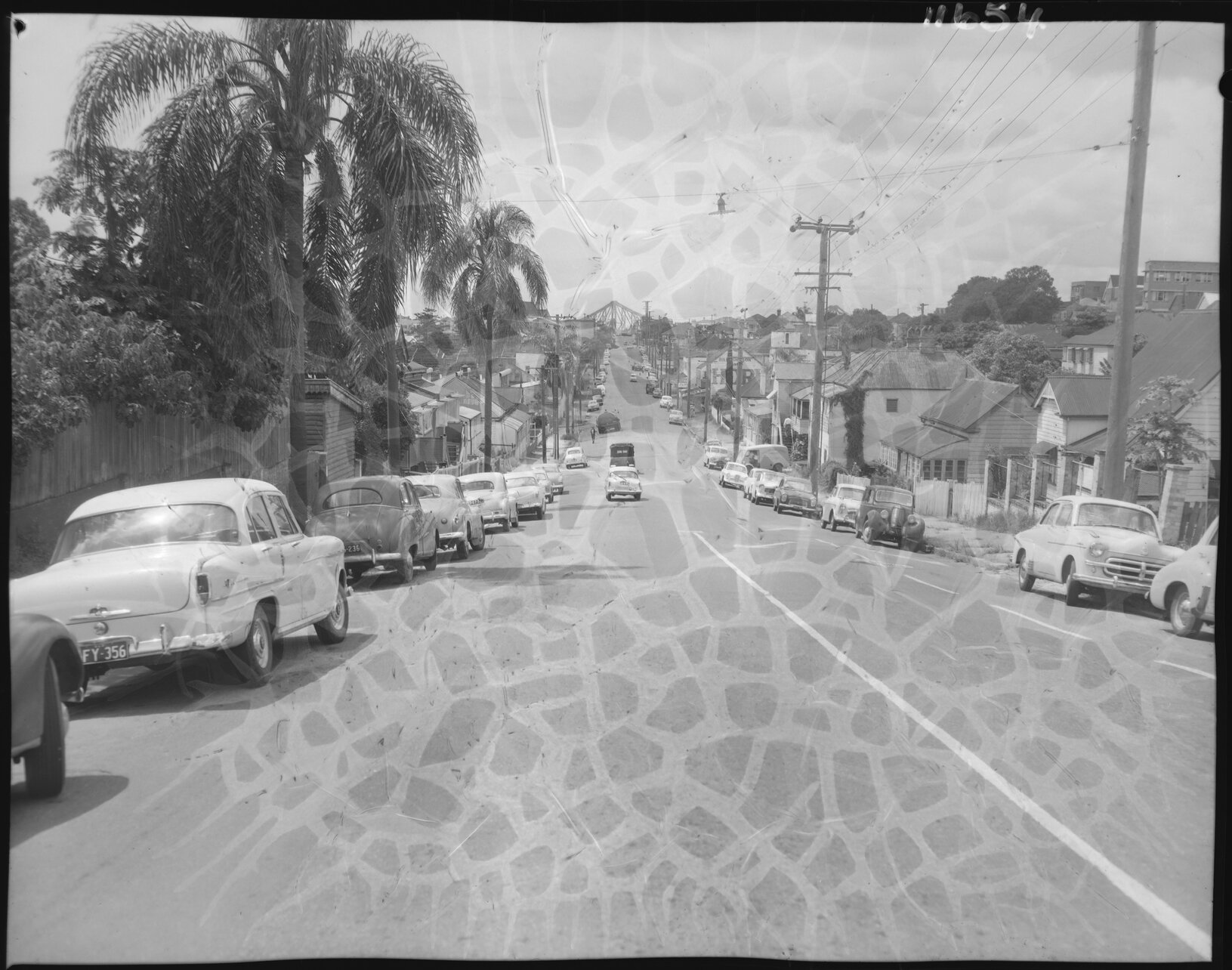 Eastern end of Boundary Street framing the Story Bridge, Fortitude Valley - 1959
