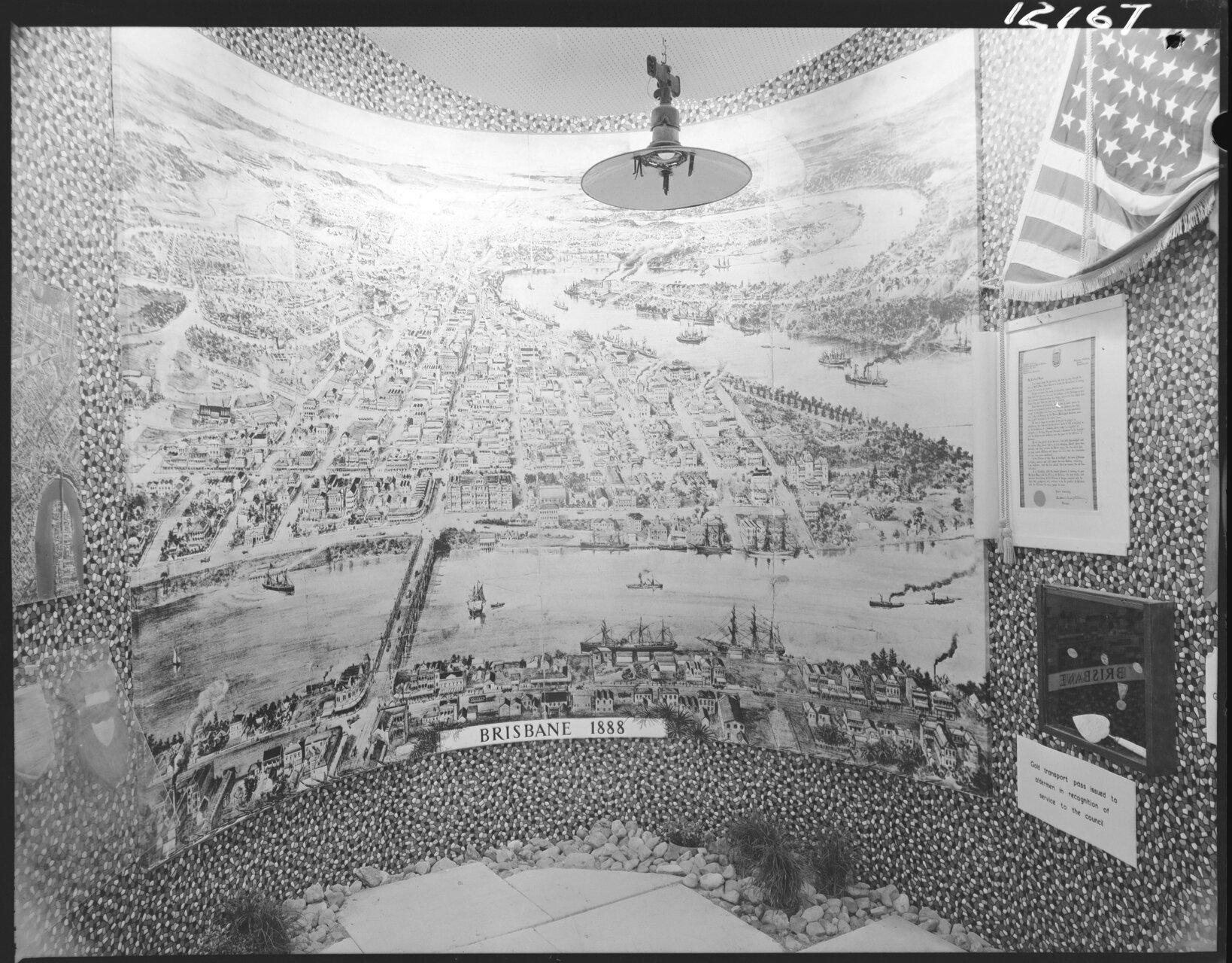 Brisbane City Council at Queensland Industry Fair showing a large panorama of the city as of 1888 - 1959
