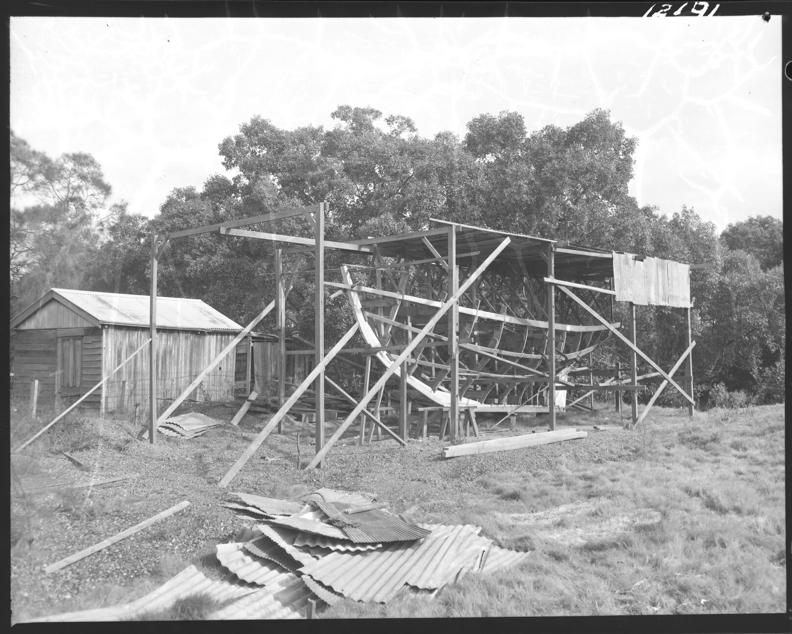 Small wooden boat frame under contruction, Bulimba or Norman Park - 1959