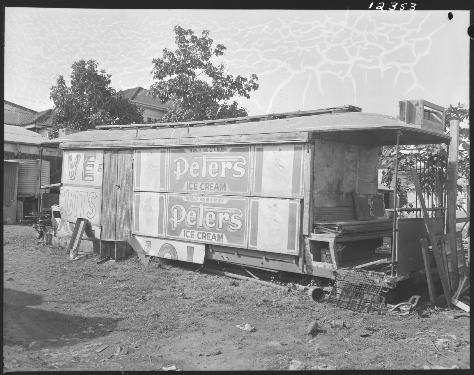 Ten bench tram car used as garden shed - No. 70, scrapped 1955, Moorooka or Yeronga - 1959