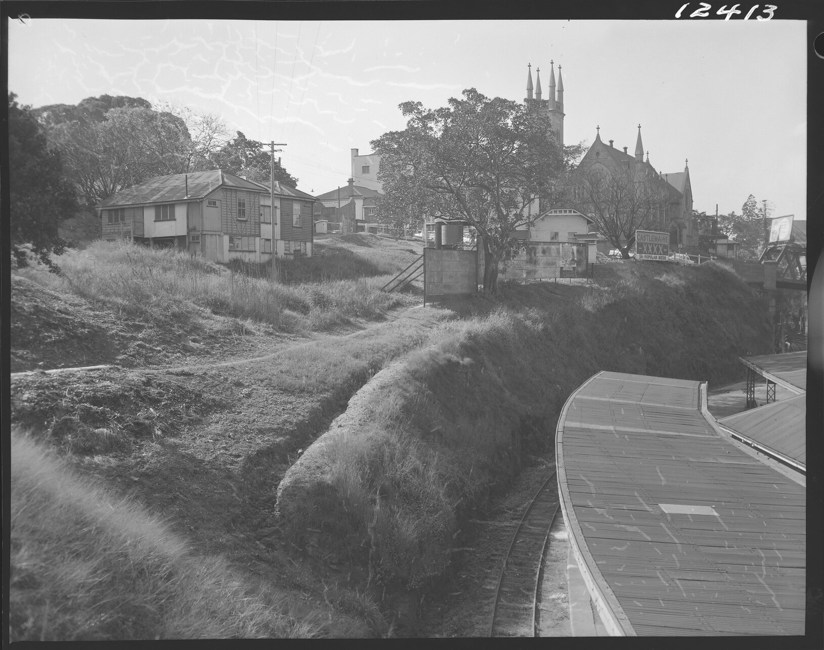 Site of Wickham Terrace car park - with City Congregational Church shortly before demolition, Brisbane City - 1959