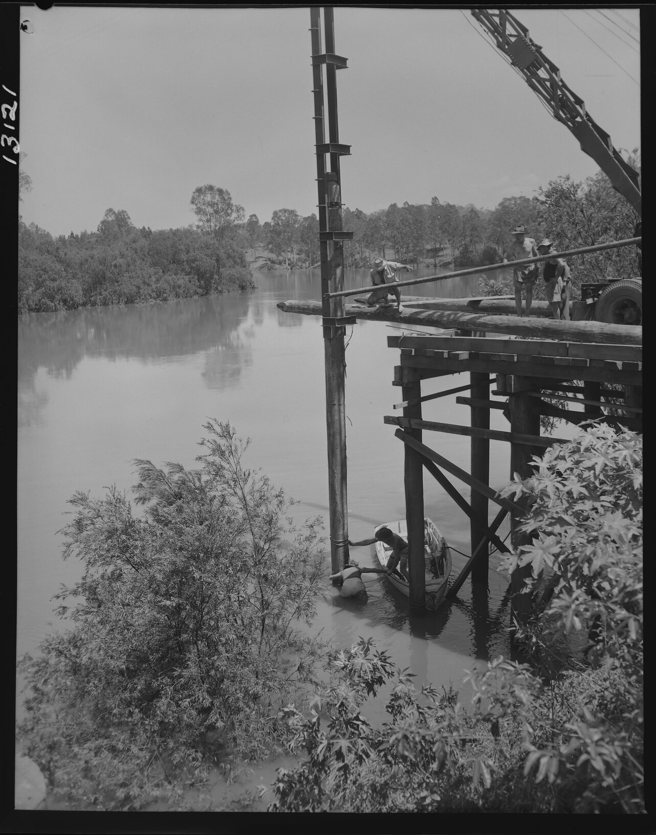 Piling driving for new water intake pump housing, Mt Crosby - 1959 