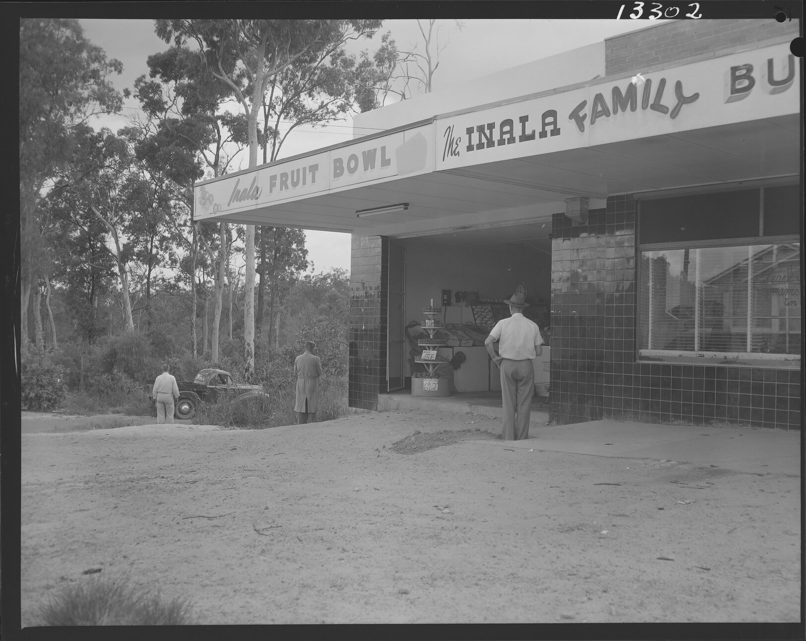Inala Fruit Bowl greengrocer at 39 Lavender Street, Hock Davis Park in background, Inala - 1959