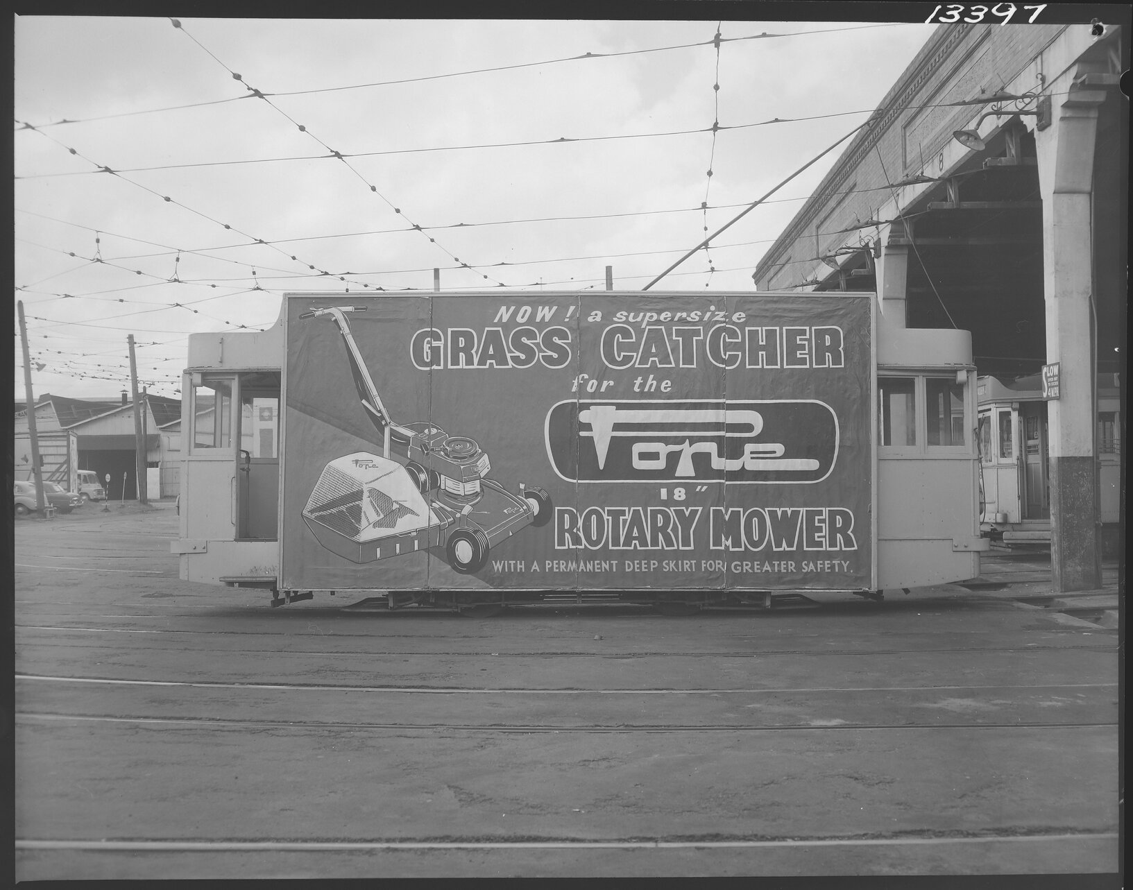 Tram advertising Pope lawnmowers - 1960