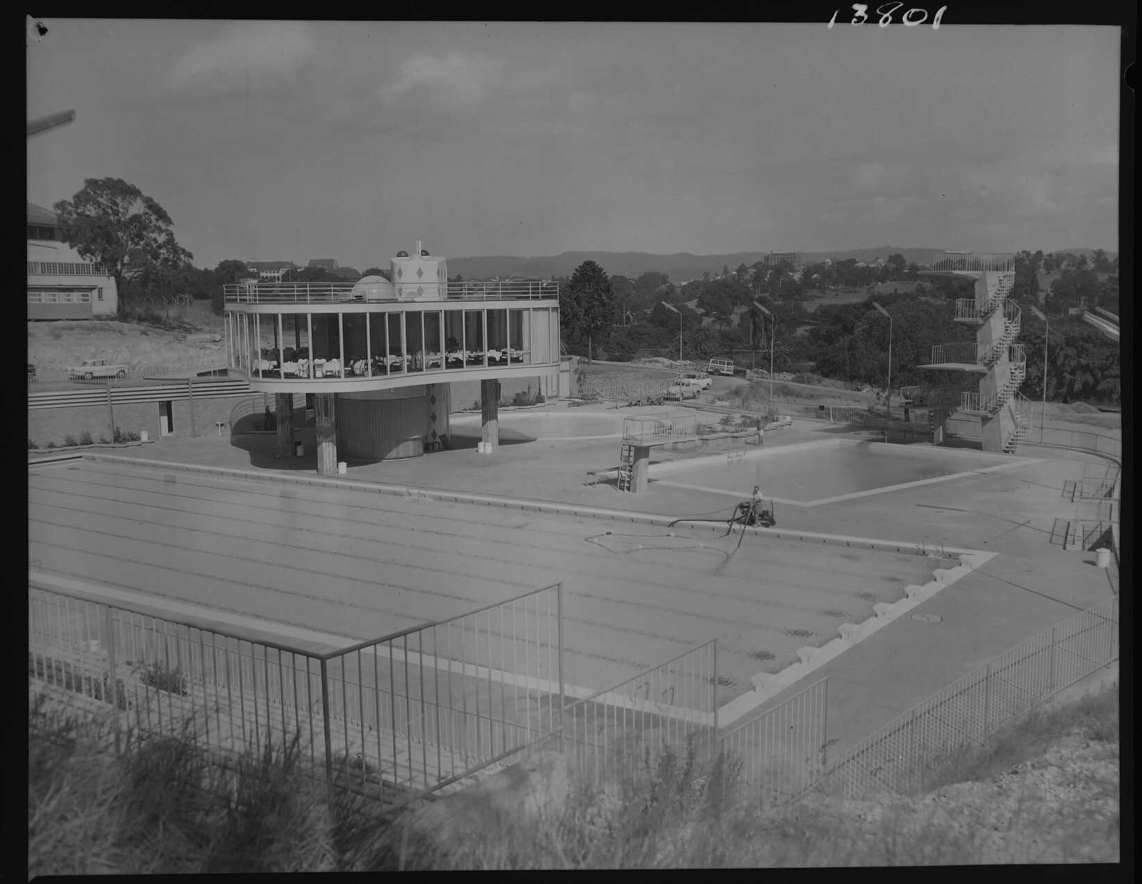 Centenary Pool exterior with diving tower, Spring Hill - 1960