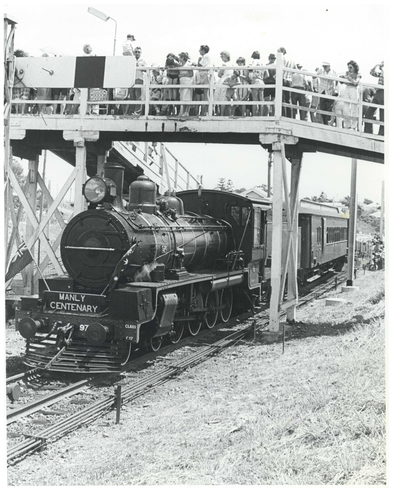 Steam train arrving at Manly Station to commemorate Manly's centenary - 1982