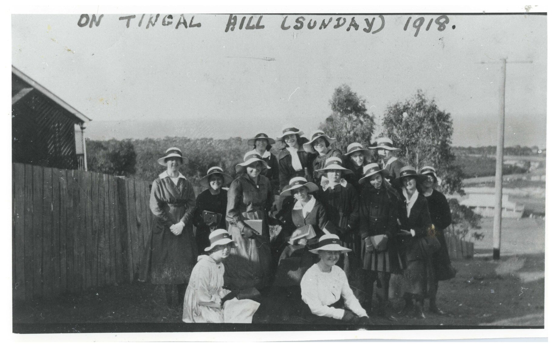 View from Tingal Hill with Moreton Bay College girls, Wynnum - 1918