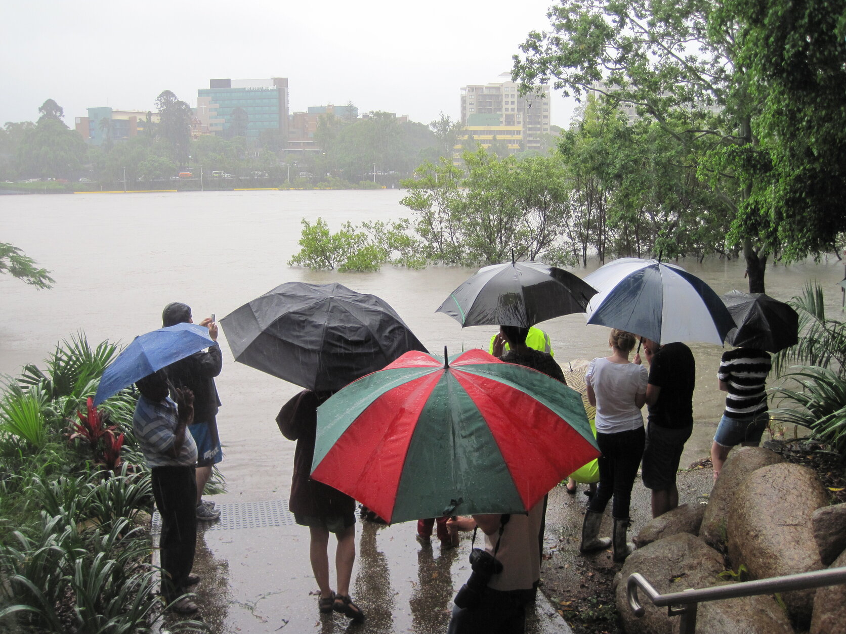 Onlookers observe floodwaters from the top of stairs at the end of Beesley Street, West End - 2011