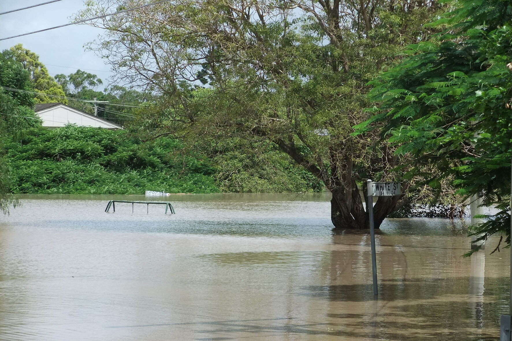 Swingset nearly covered by floodwaters on White Street, Graceville - 2011