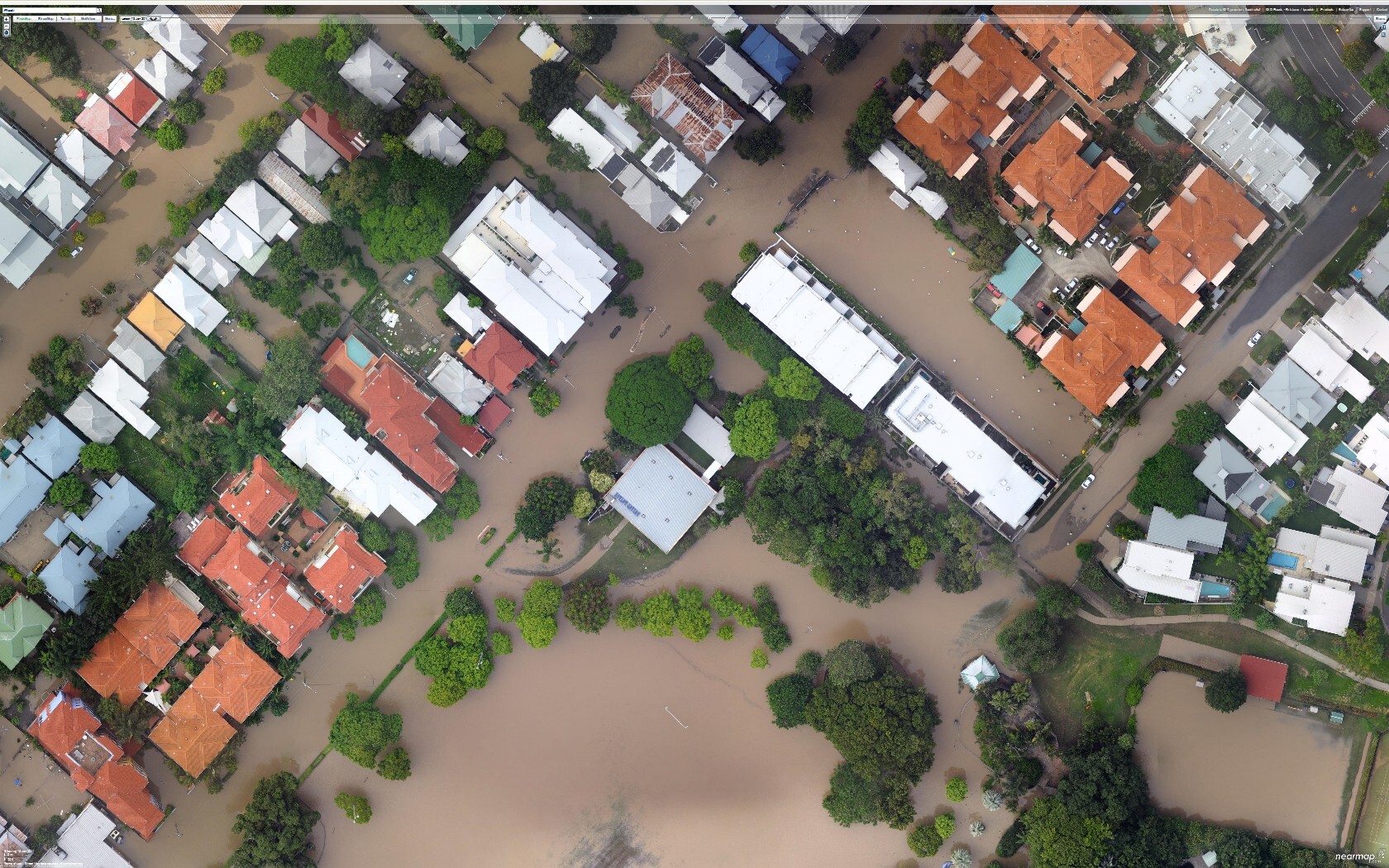 Aerial photo of New Farm library just above floodwaters, New Farm - 2011