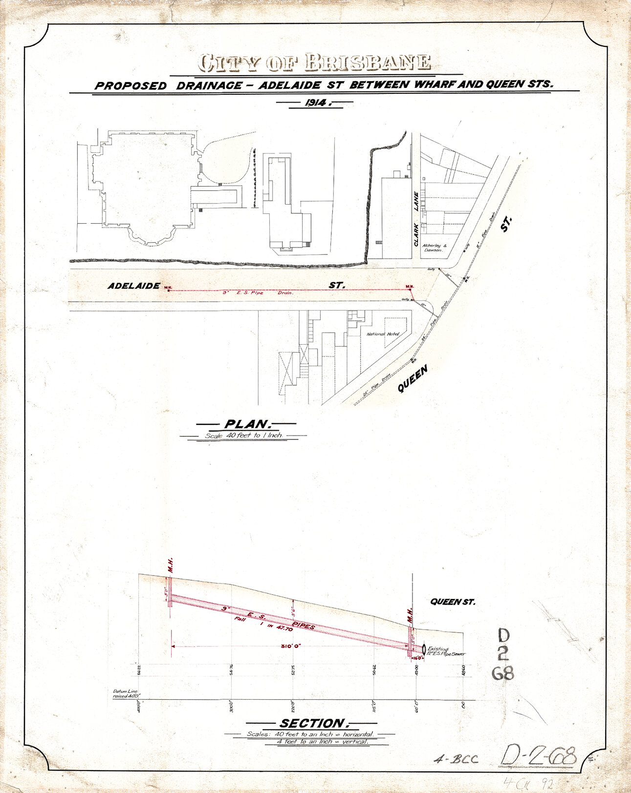 Plans proposed drainage Adelaide Wharf Queen Street corner 1914-1915