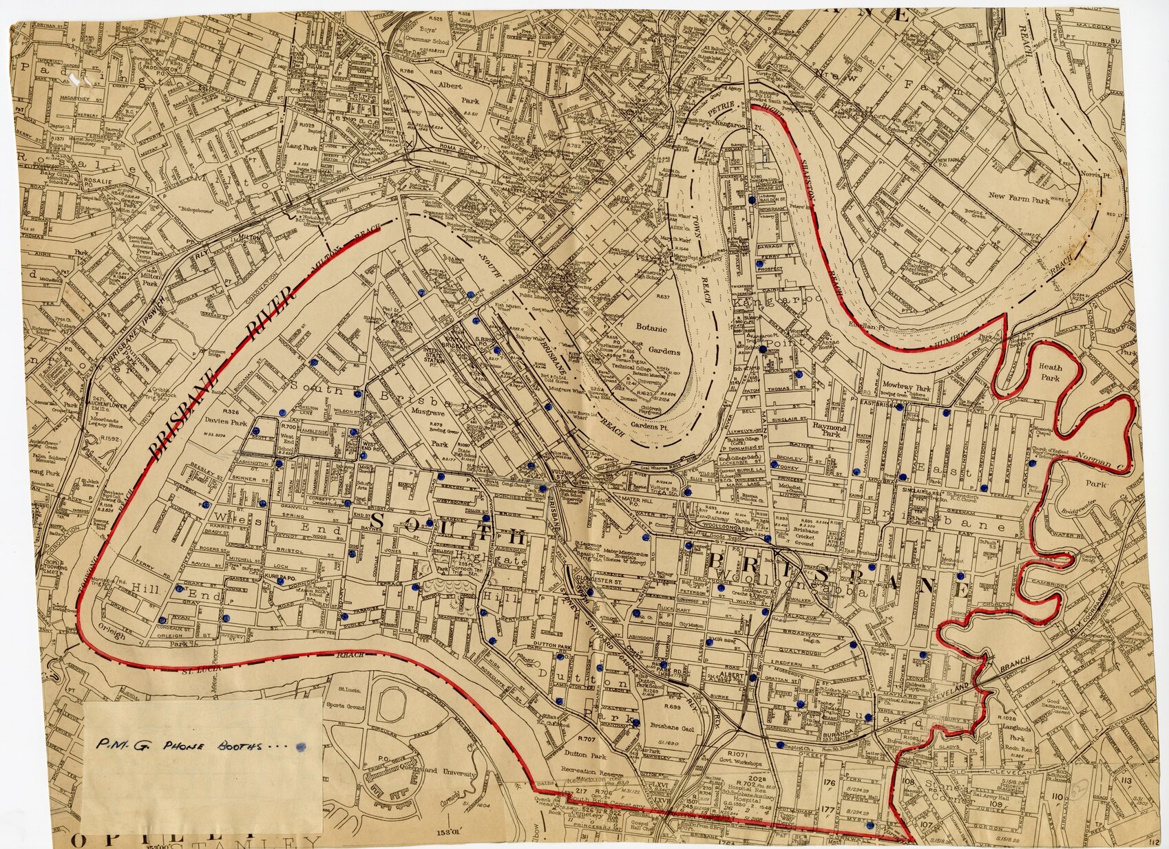 Map of phone booth locations in south Brisbane area - 1956