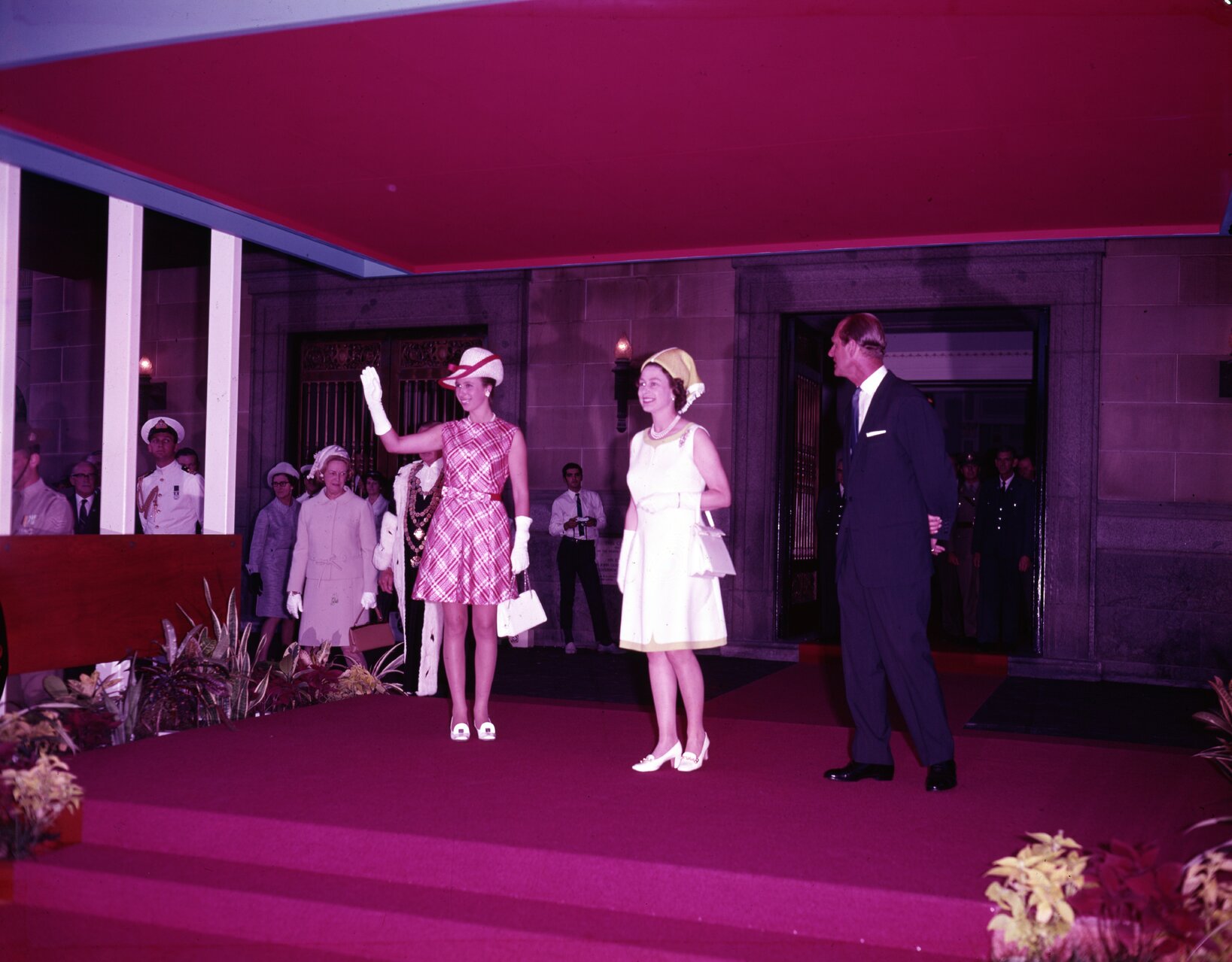 Queen Elizabeth II, Prince Philip and Princess Anne on the steps of City Hall - 1970