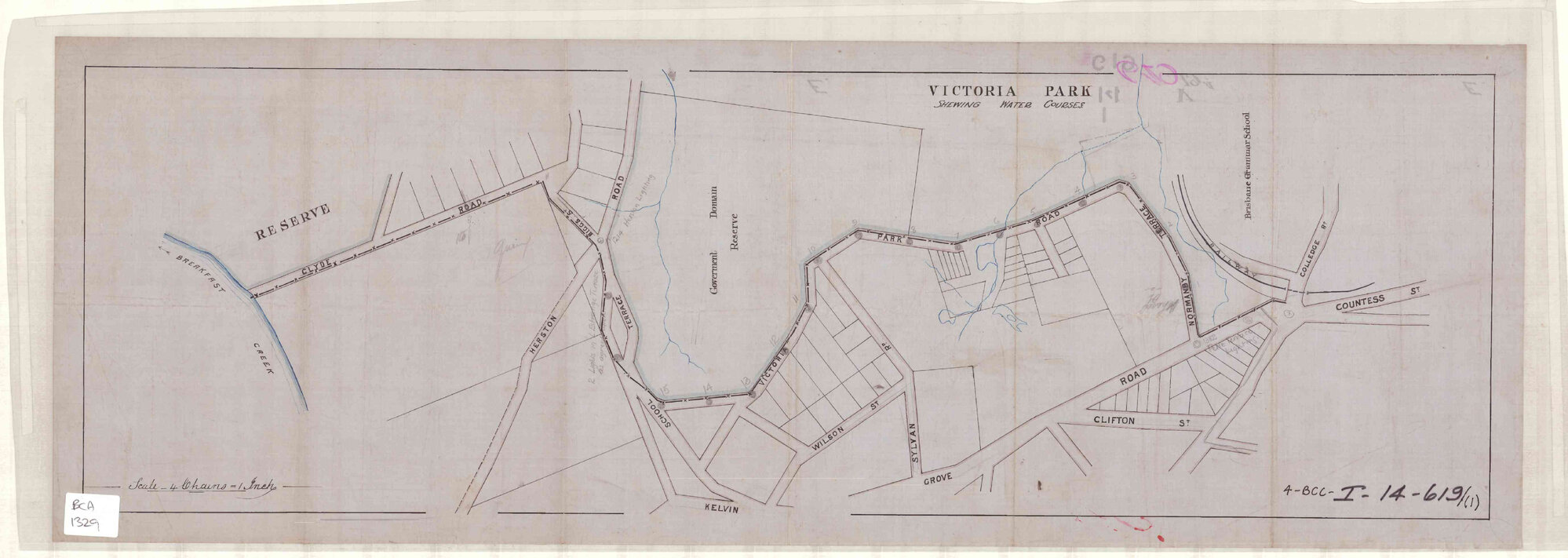 Victoria Park plans showing watercourses 1909