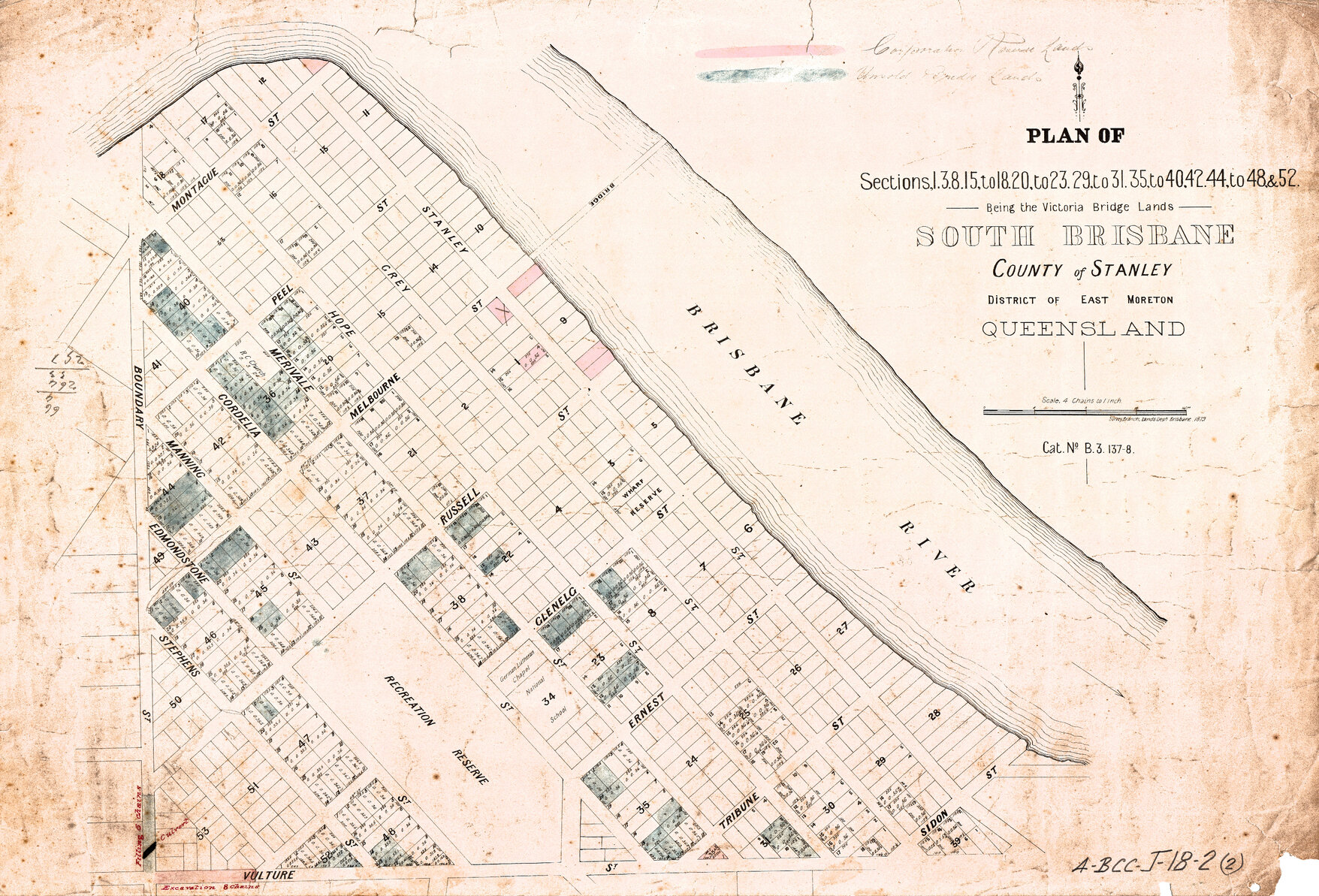 Plan showing Victoria Bridge Lands, corporation reserve lands and unsold bridge lands; filling and culvert in Boundary Street and excavation in Vulture Street, South Brisbane