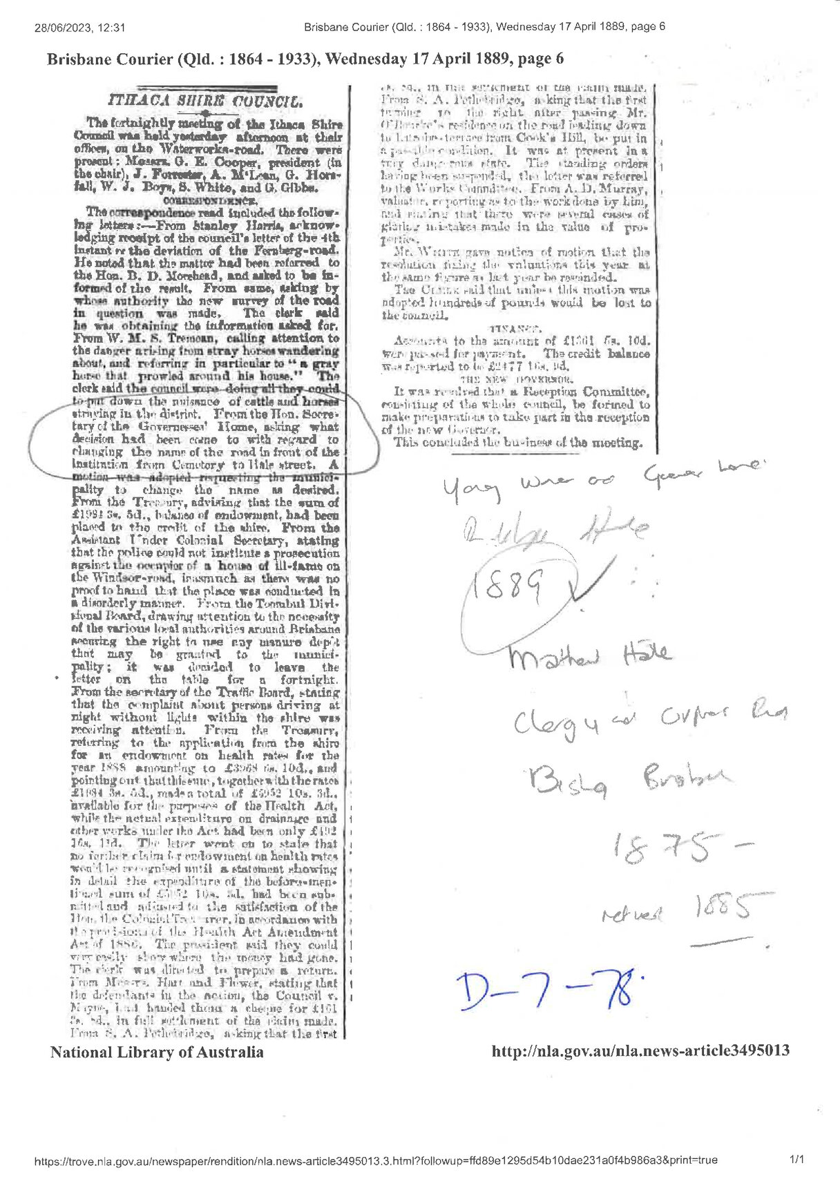 Origins of Hale Street's name - 1889