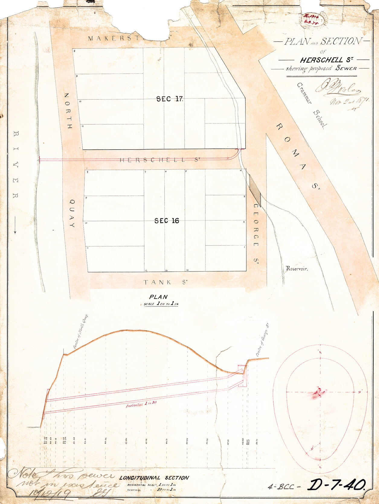 Brisbane Drainage, Block plan showing proposed drain from Herschell Street to Brisbane River, 1871