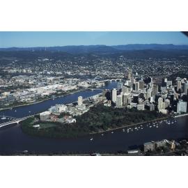 Aerial View of City Botanic Gardens City Brisbane River South Bank towards Mount Coot-tha -2005