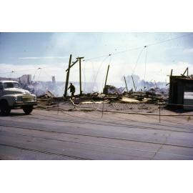 Paddington Tram Depot smouldering after fire - 1962