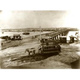 Horse Drawn Tram Turning Into Queen Street from North Quay - Victoria Bridge in Background.