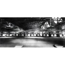Interior View of Light Street Bus Garage showing buses 1940