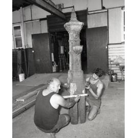 Perry Park Depot - Drinking Fountain being restored by Council Staff. 1983