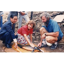 Lord Mayor Sallyanne Atkinson releasing Lung Fish - Mt Coot-tha Botanical Gardens