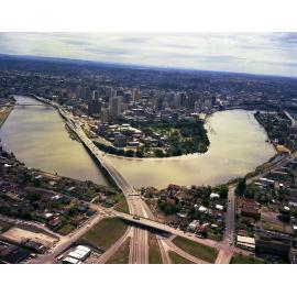 Aerial View of Captain Cook Bridge and City from Woolloongabba - 1979
