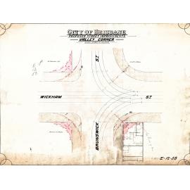 Improvements to intersection of Brunswick and Wickham Street, showing owners and a floorplan, Fortitude Valley - 1928