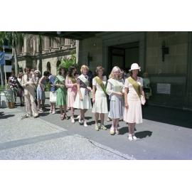 Lord Mayor Brian Walsh welcoming Miss Australia finalists to Brisbane - 1975