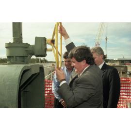 Lord Mayor Jim Soorley turning on new filter system at Luggage Point Sewerage Treatment Plant, Pinkenba - 2000