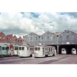 Fleet of trams at Milton workshop - 1968