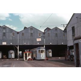 Tram No. 470 on traverser at Milton workshops - 1968