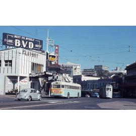 Sunbeam F28 trolley bus No. 6 and tram No. 496 at Petrie Bight - 1968