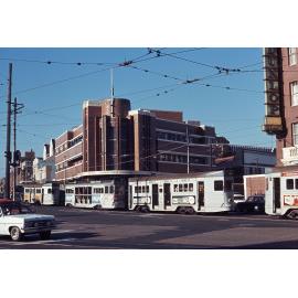 Trams No. 431, No. 549, and 371 at corner of Boundary Street and Ann Street, Fortitude Valley - 1968